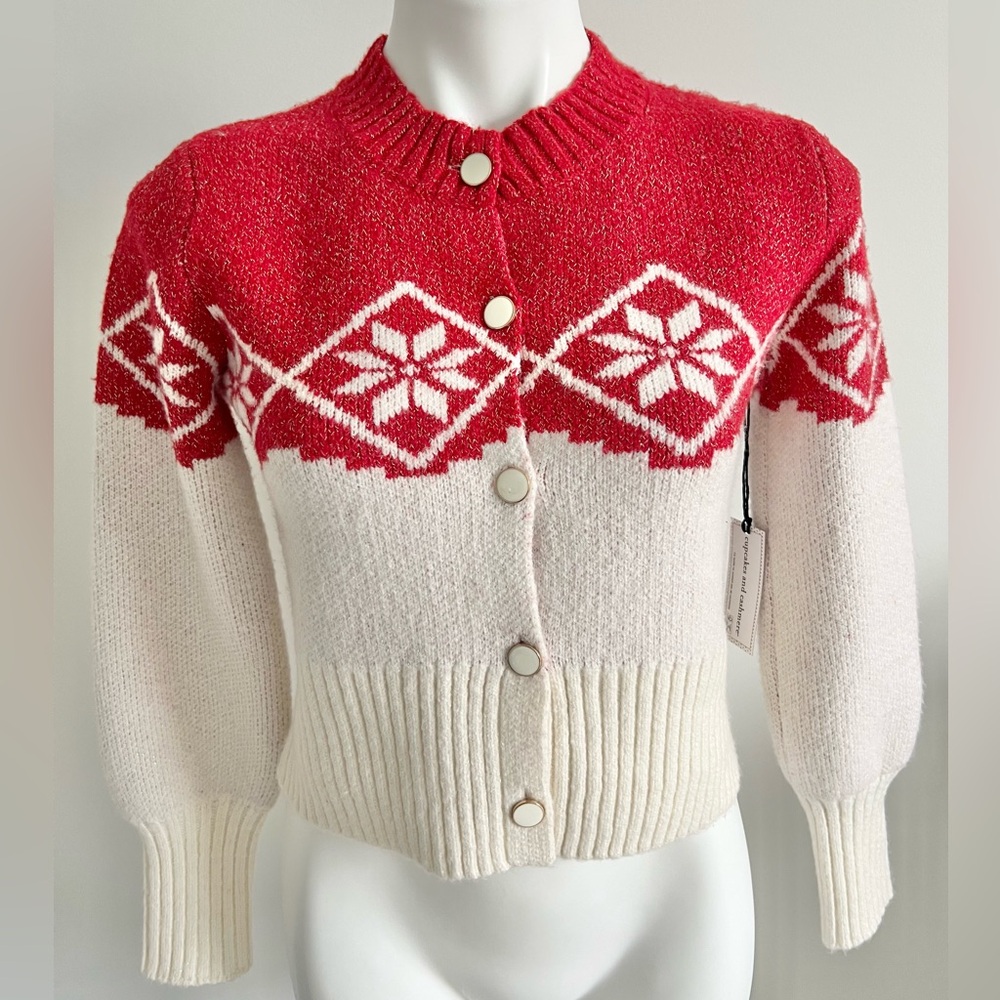 Cupcakes & Cashmere NEW Red & Cream Cardigan Sweater XS Sock Set Snowflakes